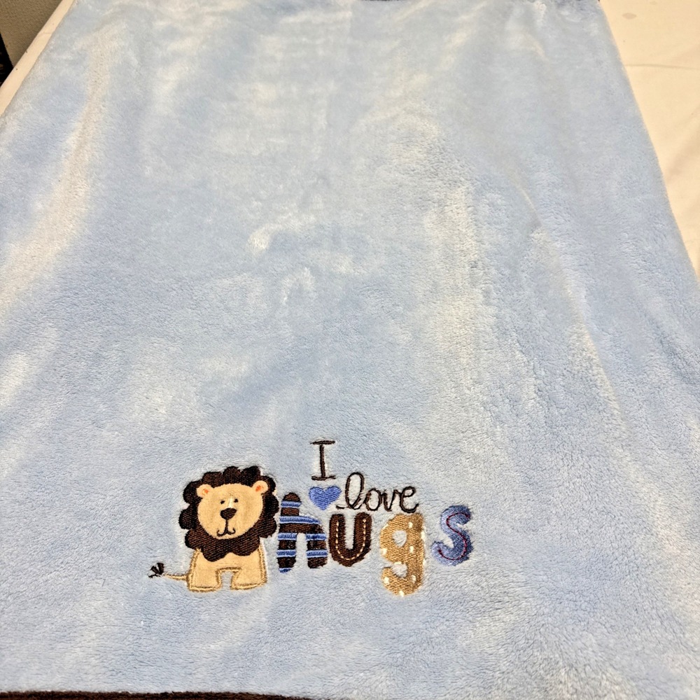 Carter's Child of Mine Baby Blanket Lion I Love Hugs Blue Brown Fleece Boy EUC